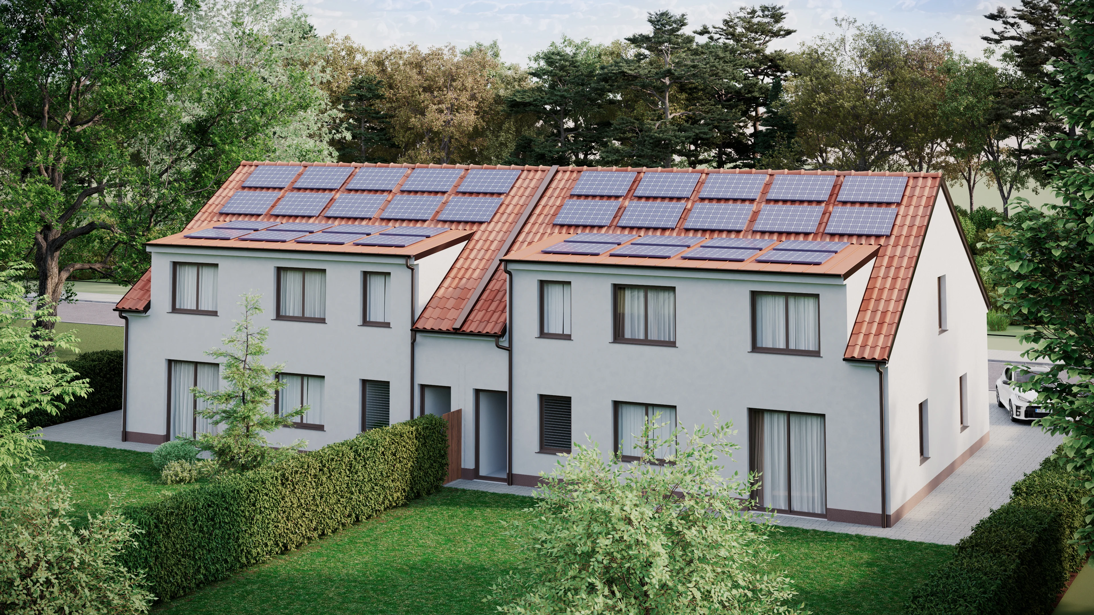 Pracovníci instalující fotovoltaické panely na střechu