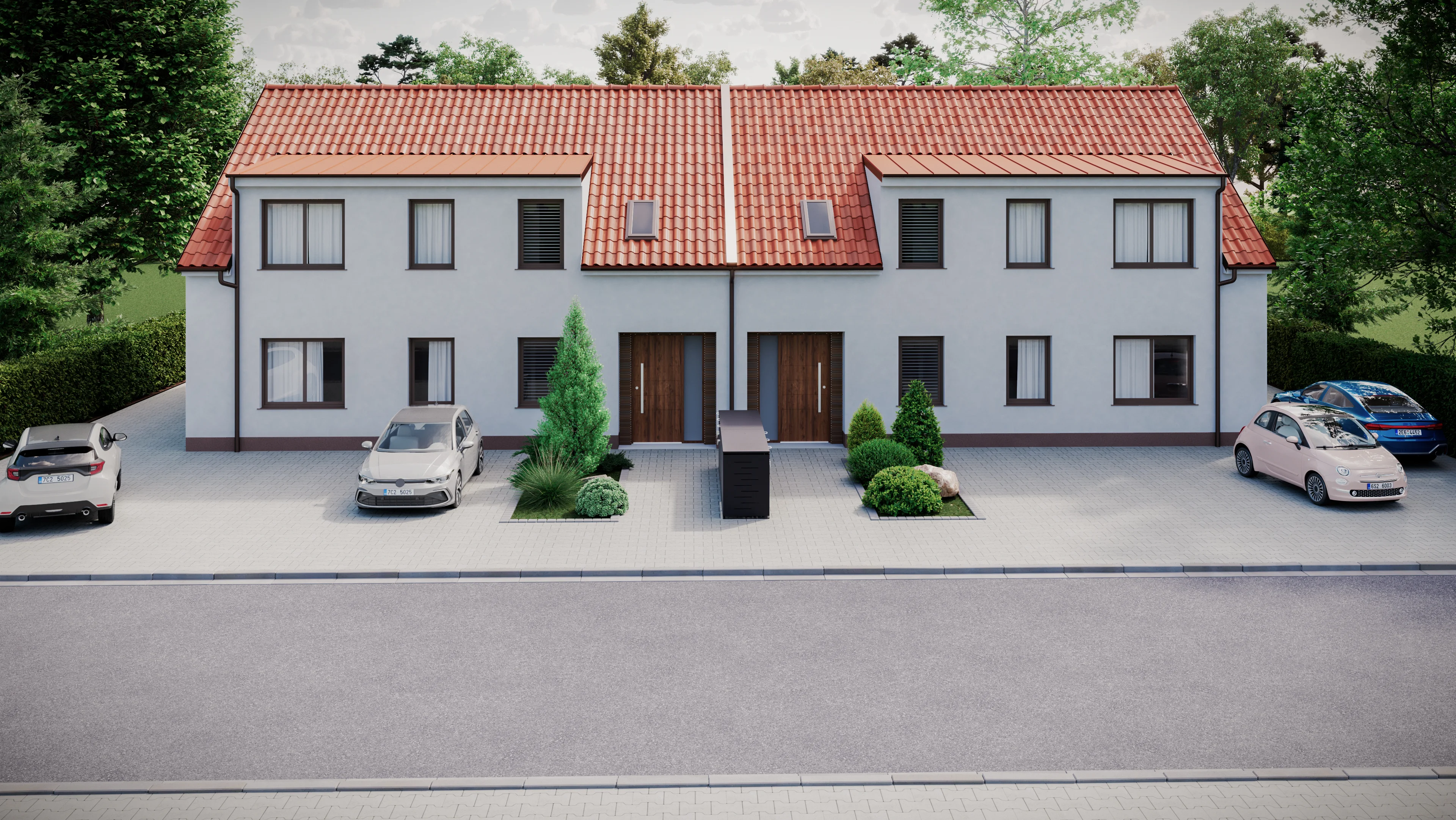 Řada moderních domů podél cesty