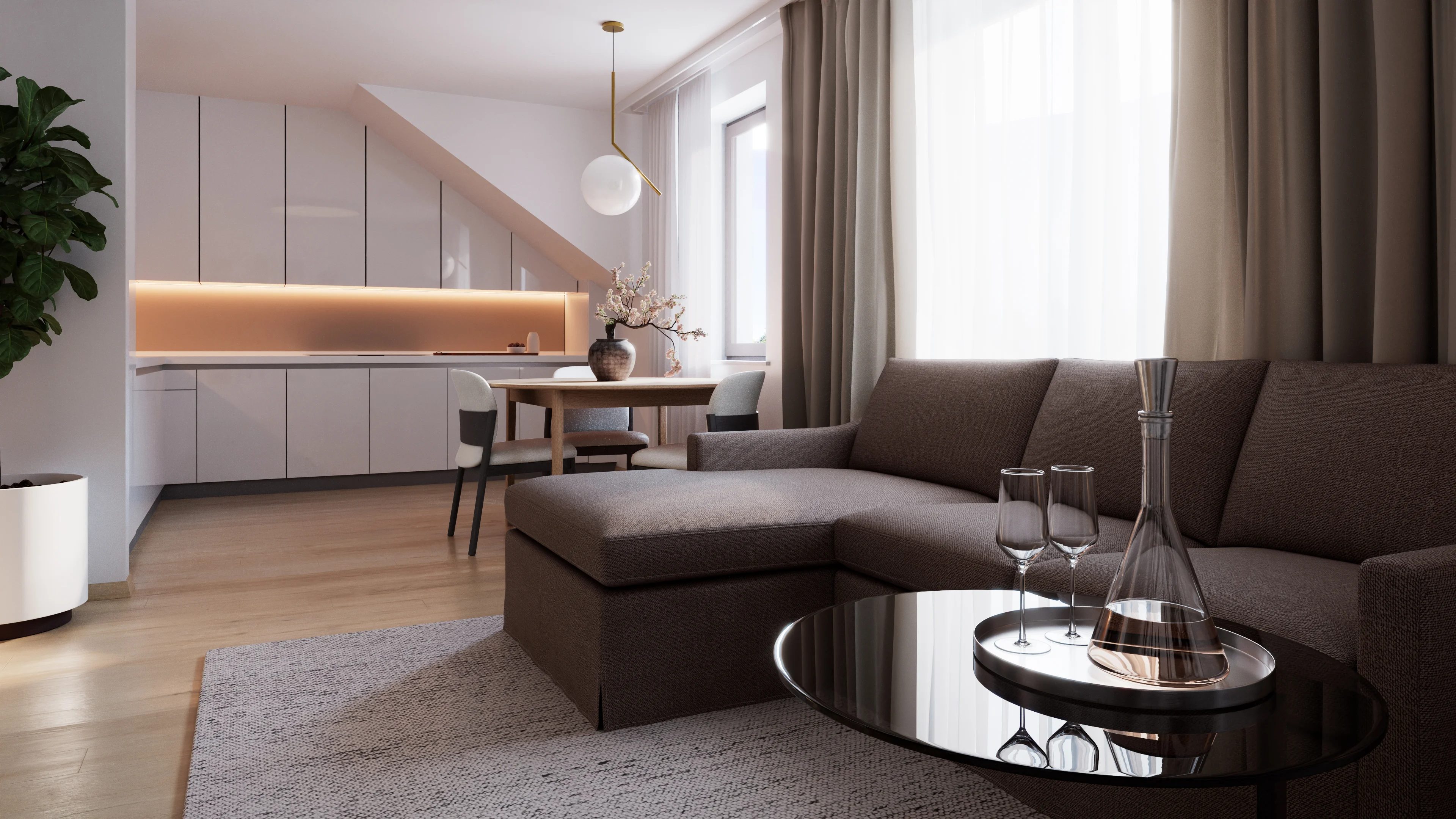 Detail moderní pohovky a dřevěného nábytku